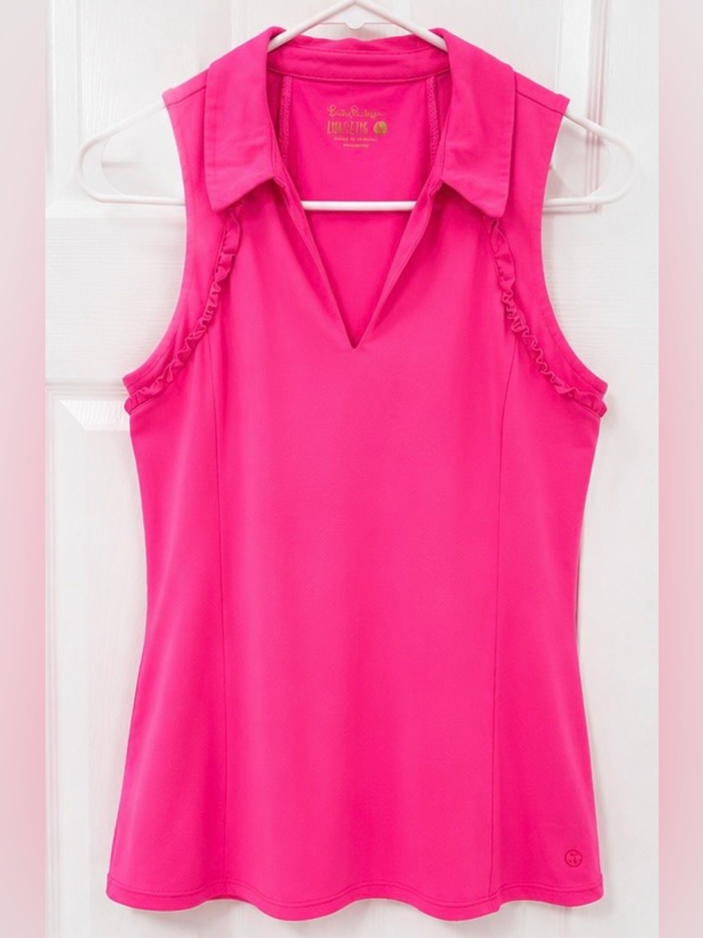 Lilly Pulitzer Luxletic Martina Sleeveless Polo Top Pink Shandy UPF 50+ Large - Picture 3 of 5